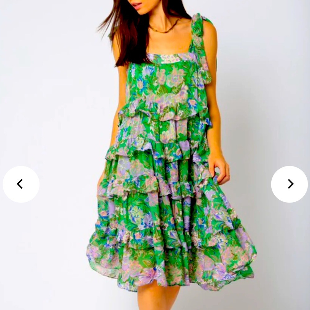 [Olivaceous] Green Floral Shoulder Tie Ruffle Dress